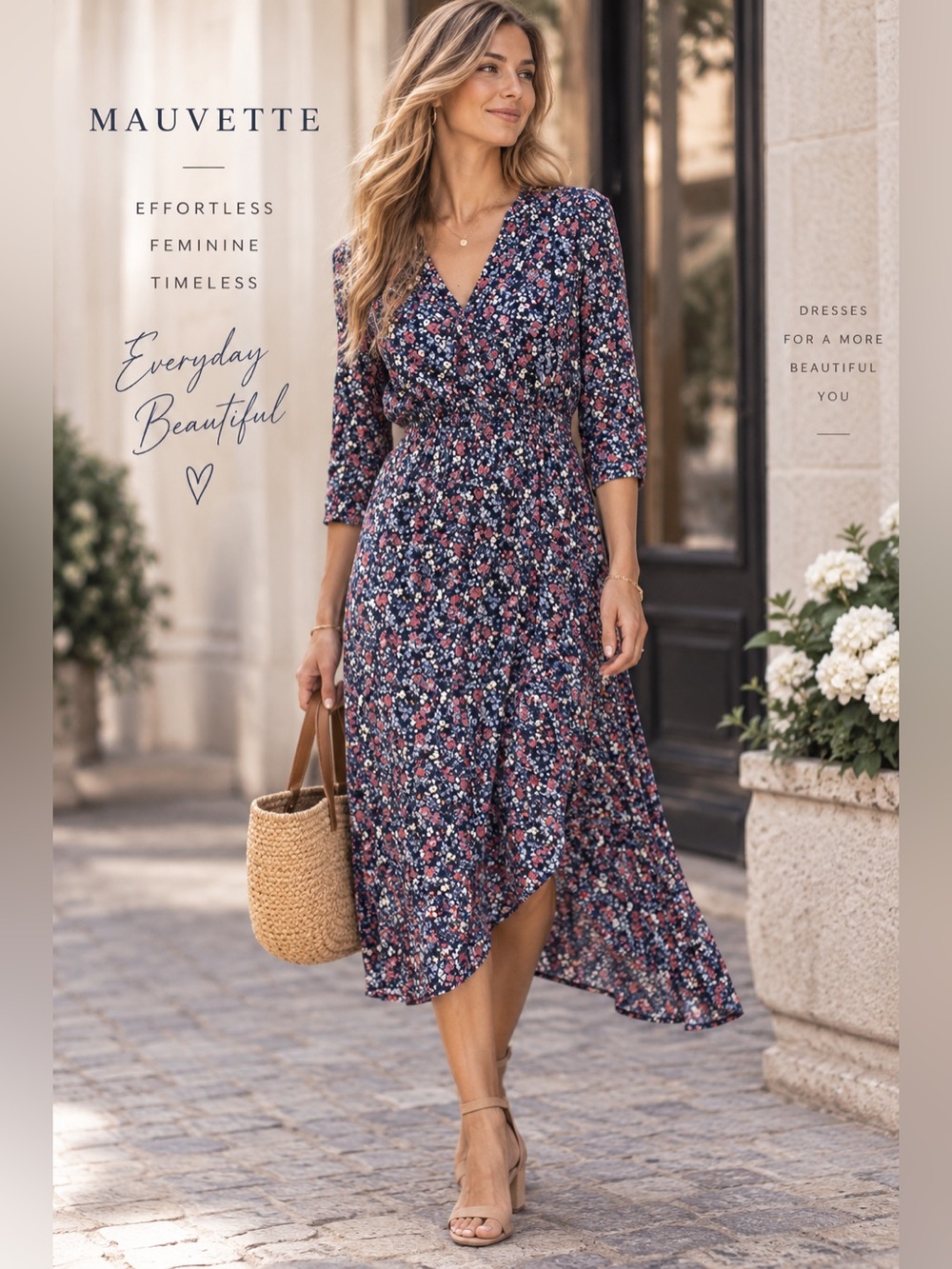 🌸 Mauvette Navy Pink Floral V-Neck Midi Dress 3/4 Sleeve M